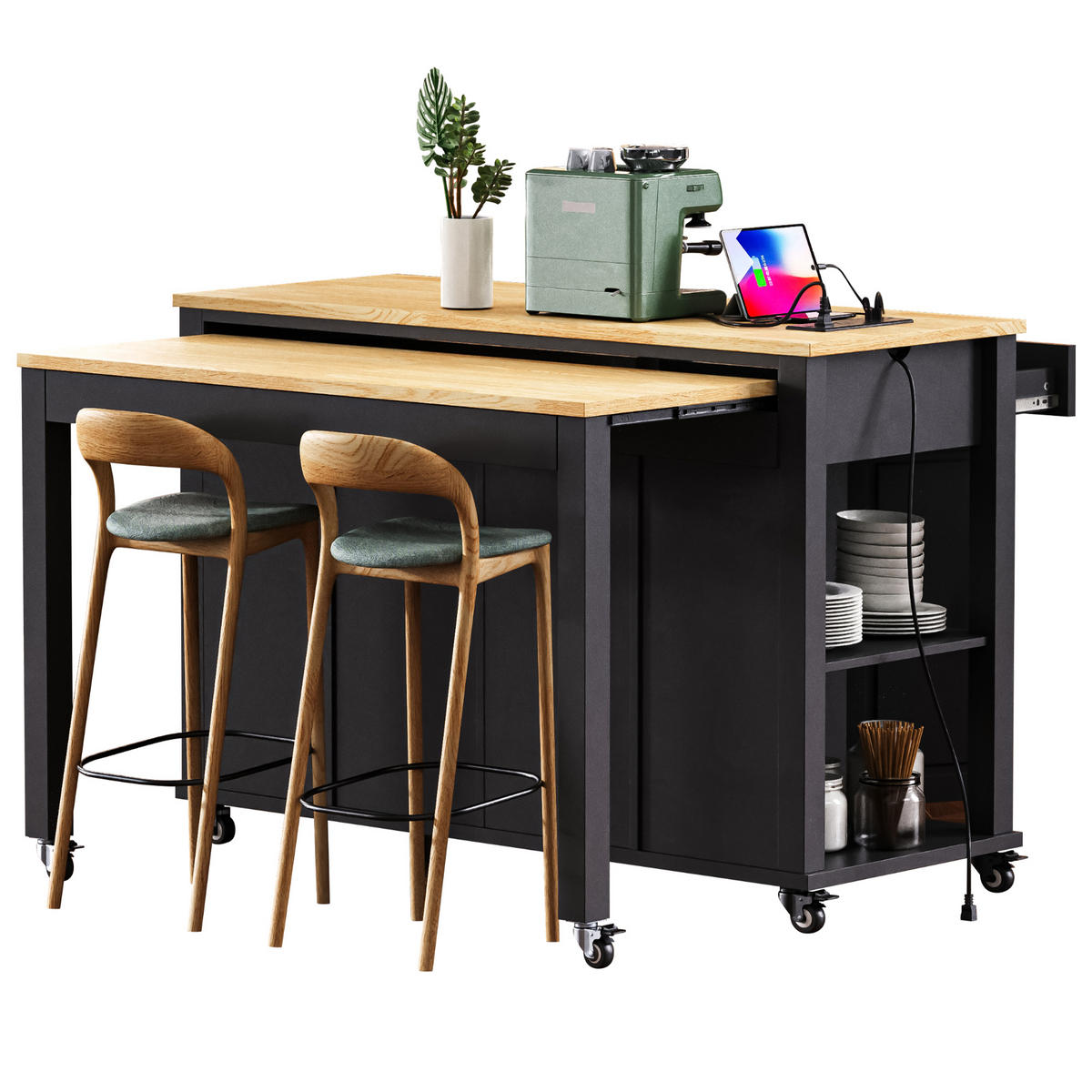 Roomfitters 47" Kitchen Island with Slide-Out Dining Table, Mobile Cart with Built-in Outlets, Internal Racks, Black