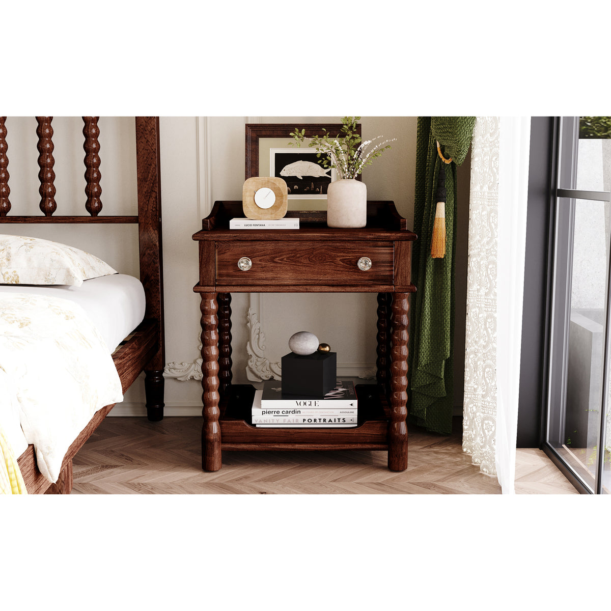 variant-group:rf-n733p206240d|Roomfitters Retro Style Bedside Table with Storage and Open Shelf, Turned Legs, and Metal Handle, Walnut