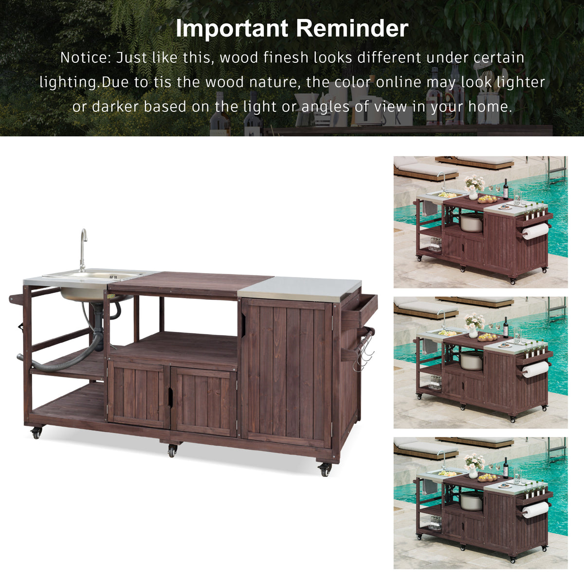 variant-group:rf-n707s000022z|Roomfitters 75.4" Outdoor Kitchen Island with Sink, Fir Wood Grill Cart for XL Green Egg & Tabletop Grills, Brown