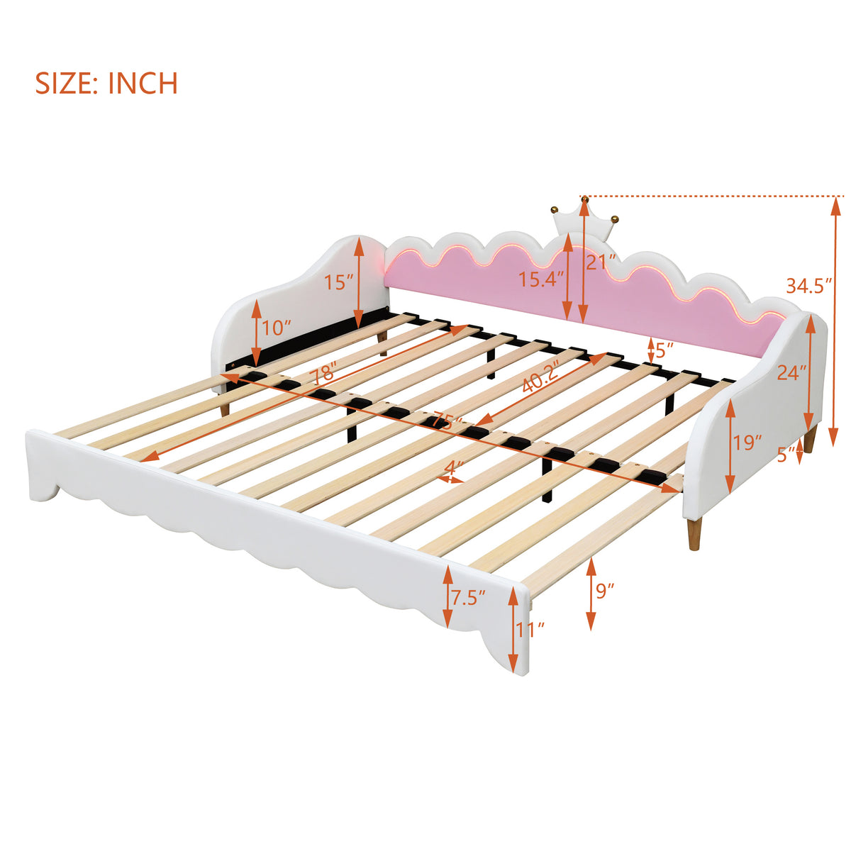 variant-group:rf-n733hl000104aak|Roomfitters Twin Extending Daybed with Lights, Modern Upholstered Princess Daybed with Crown Headboard, Sophisticated and Functional Design, White