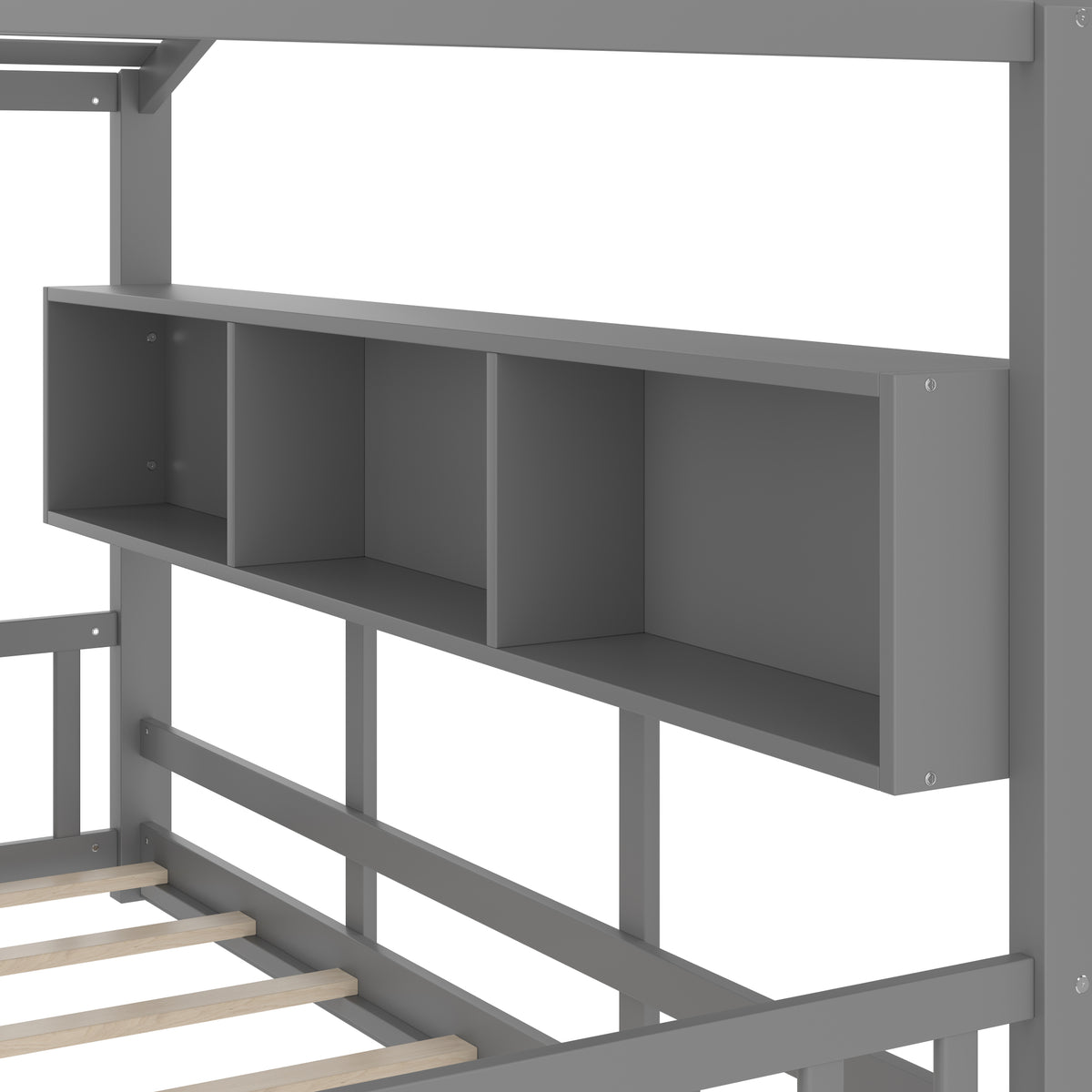 variant-group:rf-n733p335064e|Roomfitters Twin Size Floor House Bed with Storage Shelf and Roof Design, Montessori Playhouse Bed, Gray