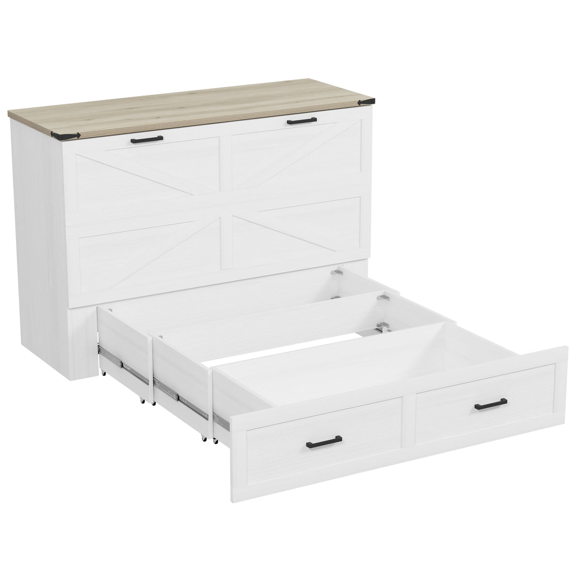 variant-group:rf-n733s361778w|Roomfitters Queen Farmhouse Murphy Cabinet Bed with Charging Station, Foldable Platform Bed with Storage Drawer, White