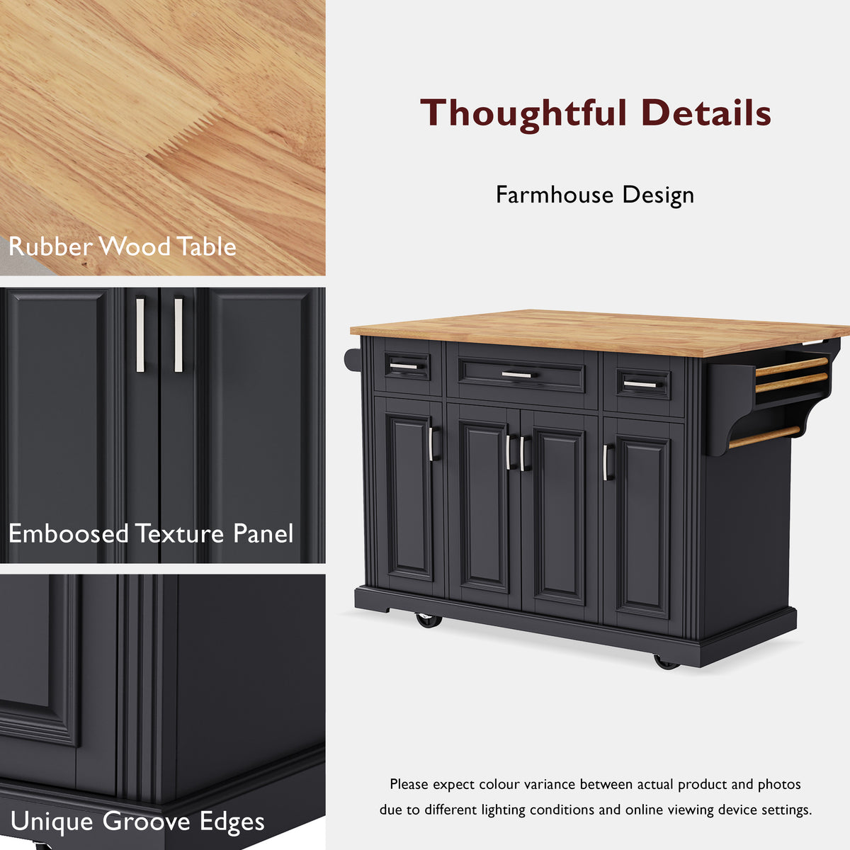 variant-group:rf-n707s195395b|Roomfitters 54" Kitchen Island with Wood Top, Rolling Storage Cabinet with 3 Drawers and 3 Doors, Spice Rack, Black