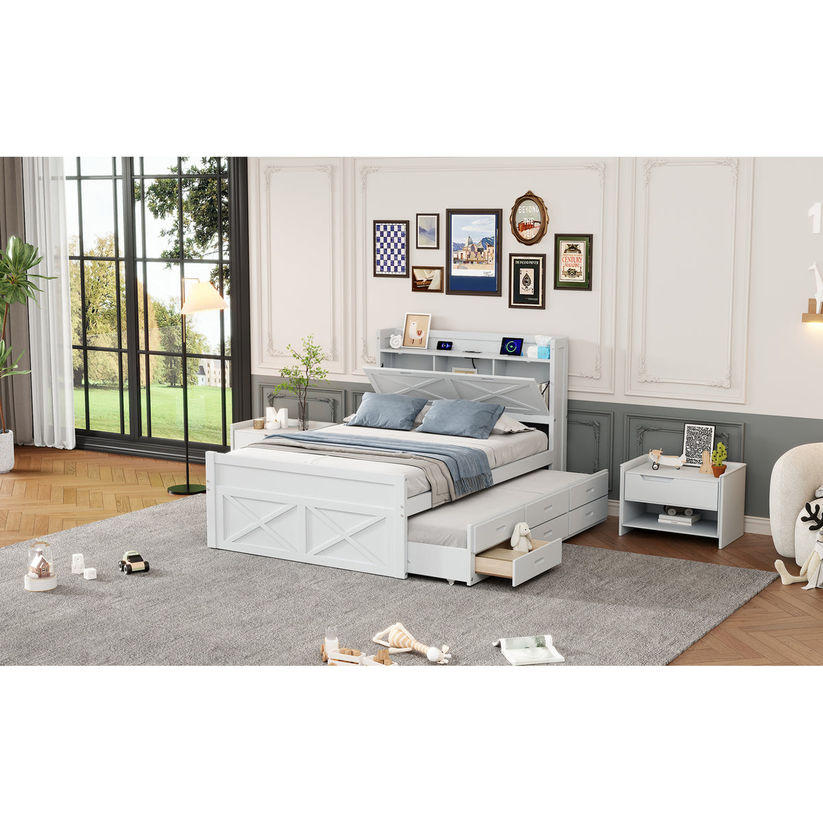 variant-group:rf-n733s172712k|Roomfitters Full Size Wooden Bed with Storage Headboard, Integrated Outlets, Extendable Frame with Twin Trundle and Additional Storage, White