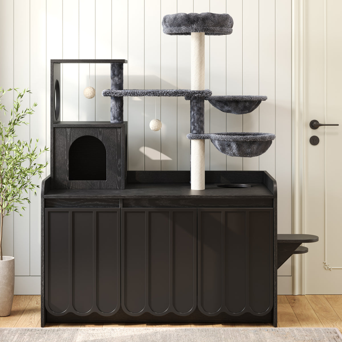 variant-group:rf-n704p443505b|Roomfitters All-in-One Modern Multi-Level Cat Tree Tower Condo with Hidden Litter Box Enclosure Space Black
