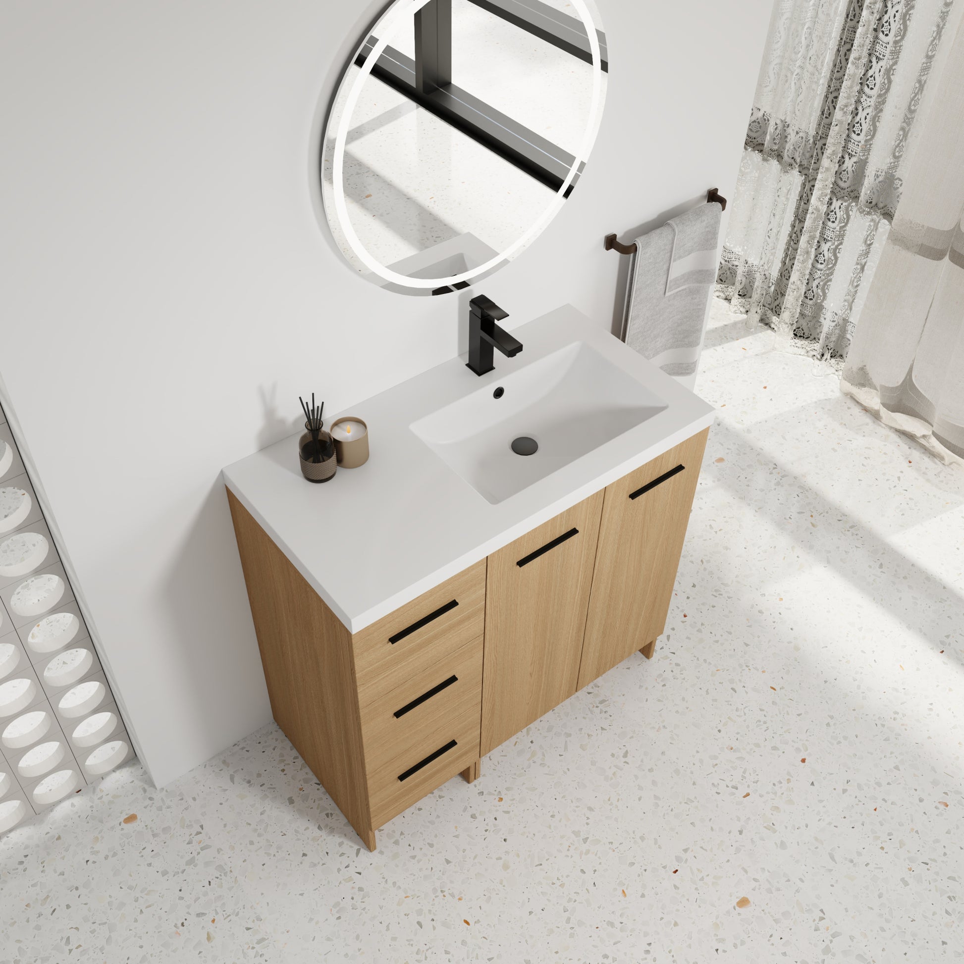 36" Modular Freestanding Bathroom Vanity with 36" Resin Sink Top, Light Oak, 2-Piece Cabinet (24" 2-Door + 12" 3-Drawer), KD Cabinet, Includes Black & Brushed Aluminum Handles