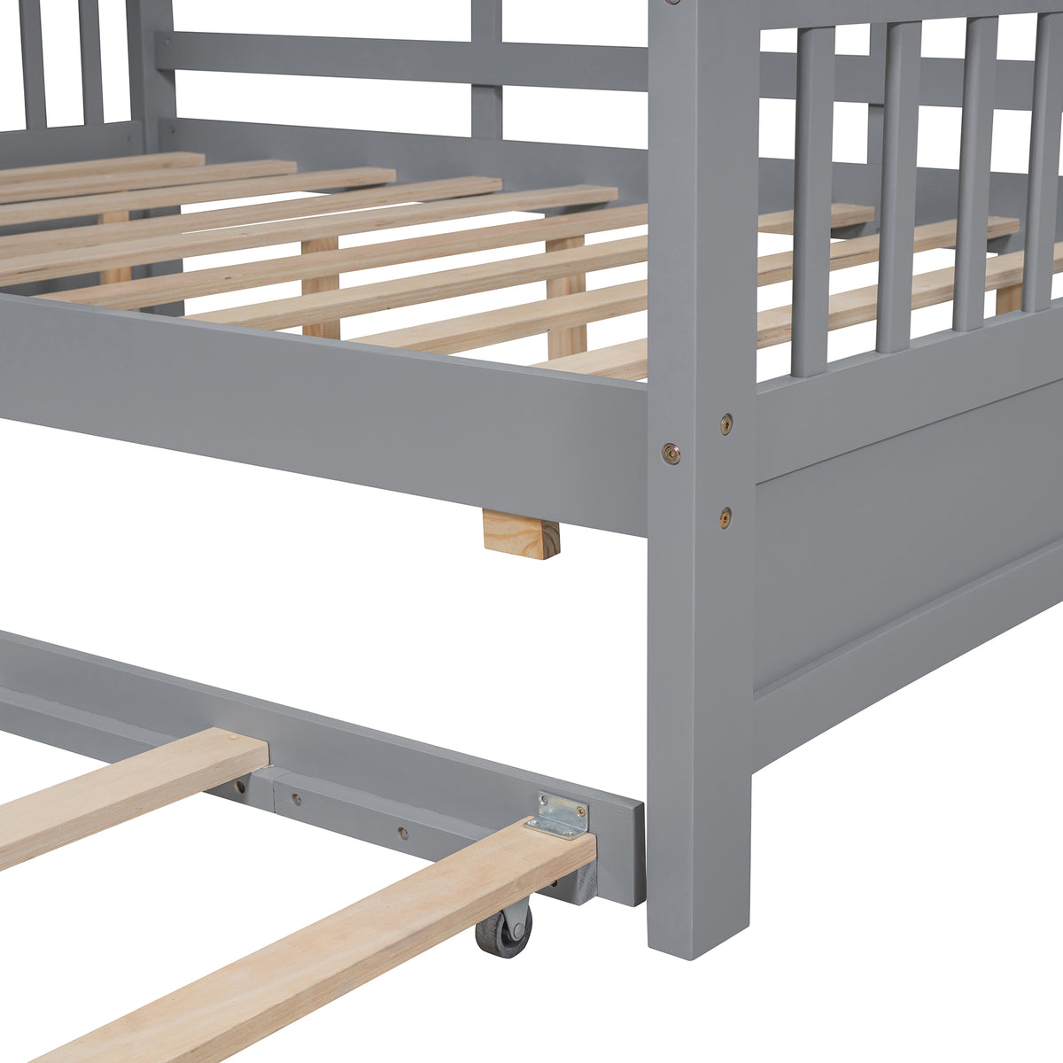 variant-group:rf-n733s316125e|Roomfitters Wooden Full Size House Bed with Trundle and Storage Shelf, Gray
