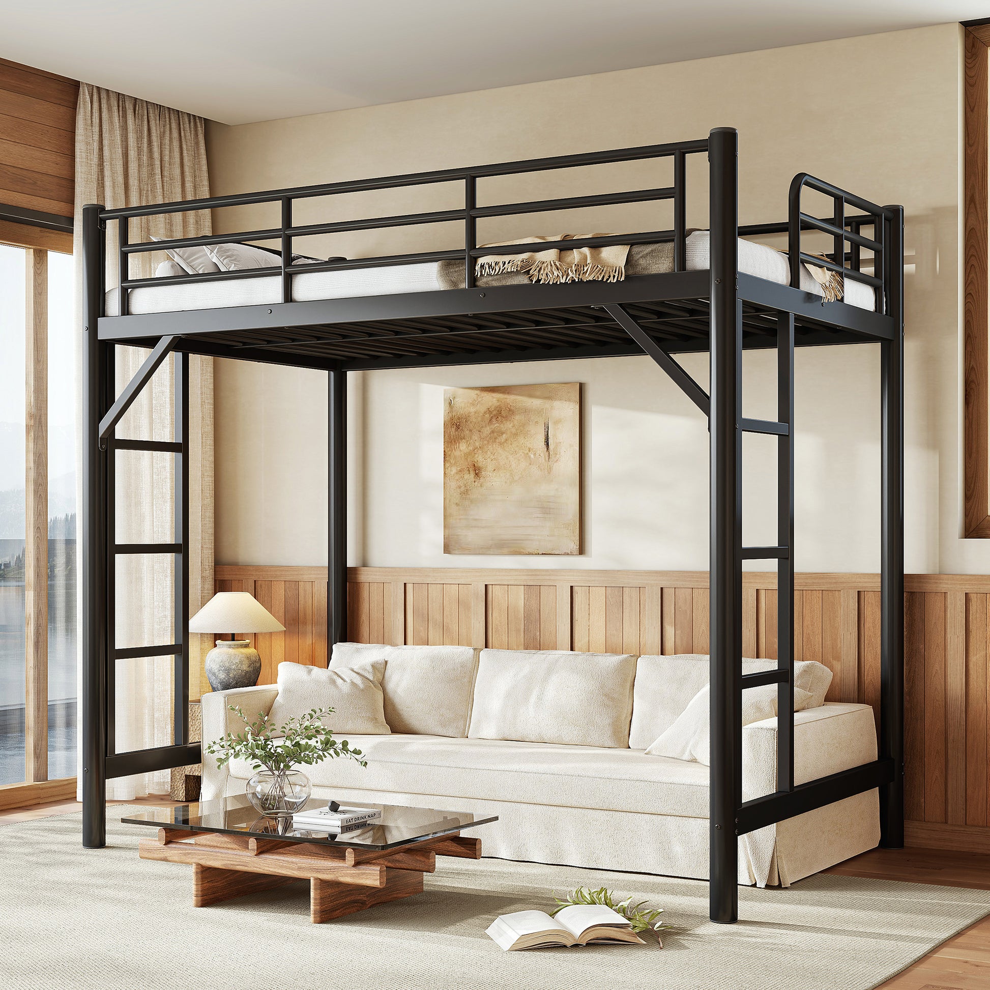 variant-group:rf-w1580p455010|Roomfitters Twin Size Metal Loft Bed Frame with Guardrails, Heavy Duty Space Saving High Loft Bed Dual Ladders, Black