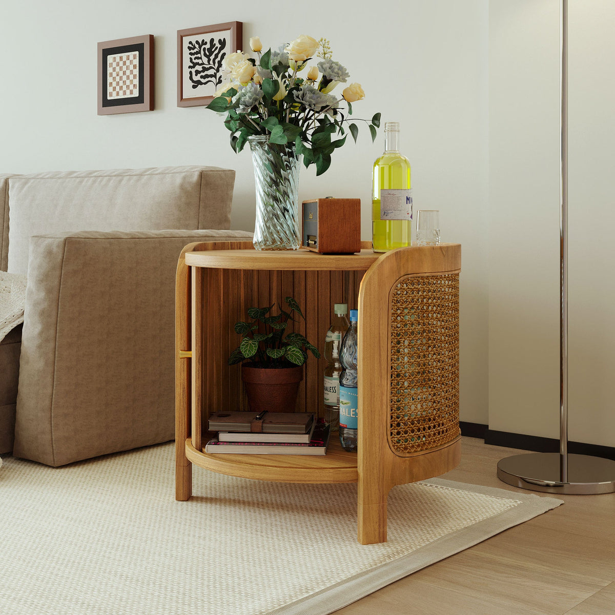 Roomfitters Modern Round Rotating Coffee Table with Woven PE Rattan Details, Antique Brown Roomfitters