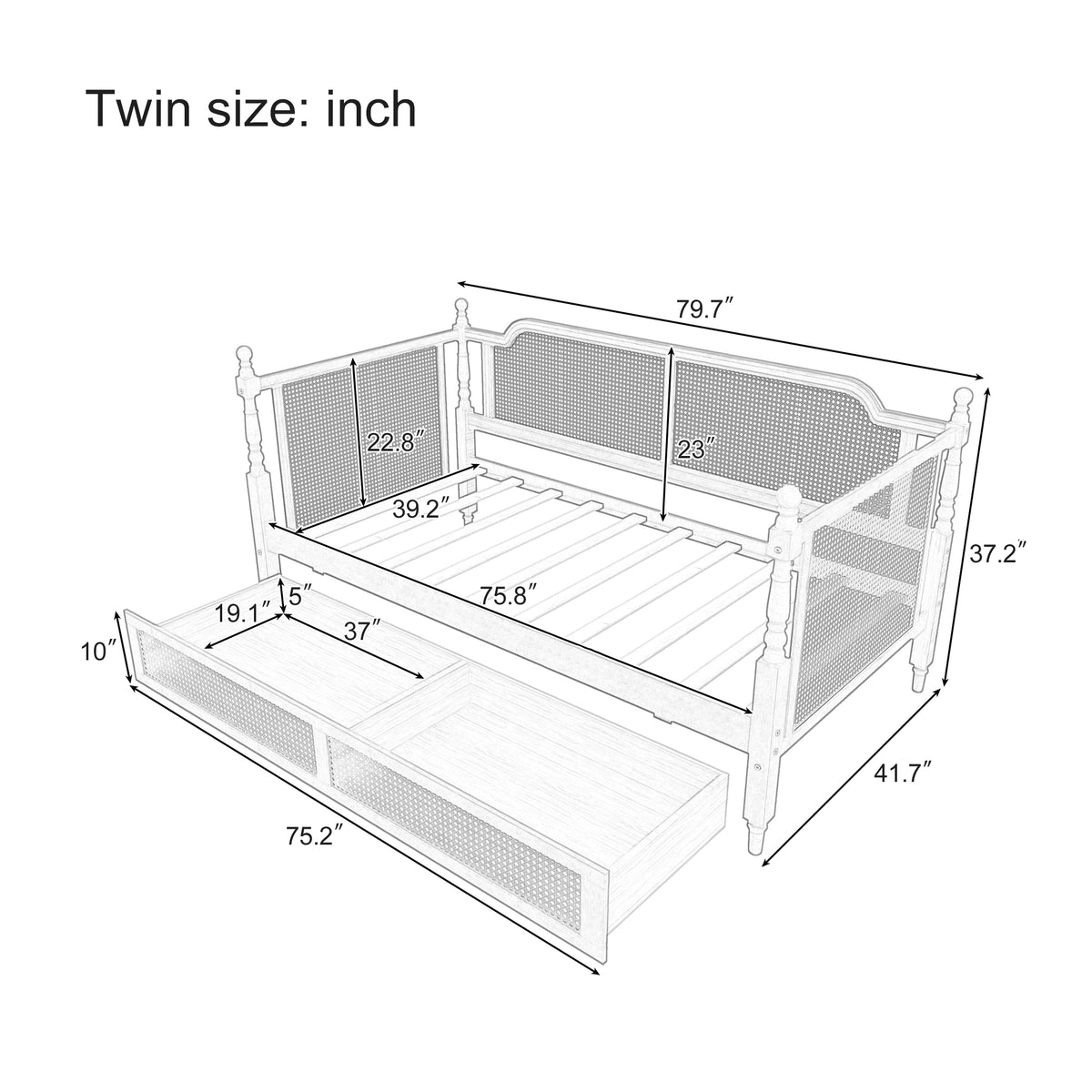 variant-group:rf-n701bs701p415472d|Roomfitters Twin Size Traditional Rattan Daybed Frame with 2 Storage Drawers, French Country Wood Bed, No Box Spring, Walnut