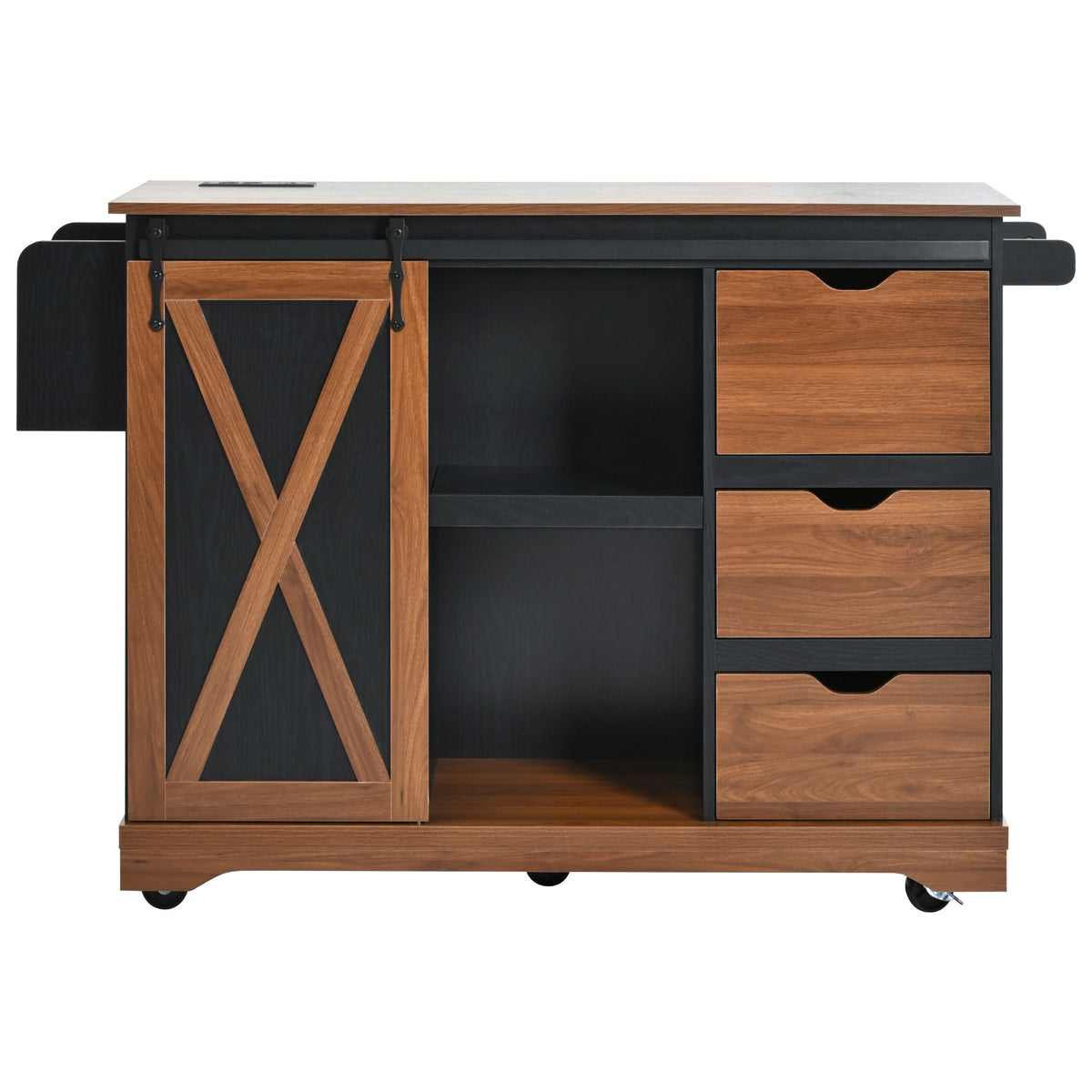 variant-group:rf-n707p288229b|Roomfitters 55.5" Rolling Kitchen Island with Drop Leaf, Mobile Kitchen Storage Cart with Sliding Barn Door, Power Outlets, Black