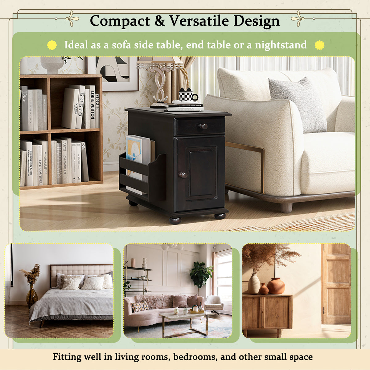 variant-group:rf-n724p293133p|Roomfitters Vintage Sofa Side Table with USB Ports, Flip Top, Cup Holders and Bookshelf Storage for Small Spaces, Espresso