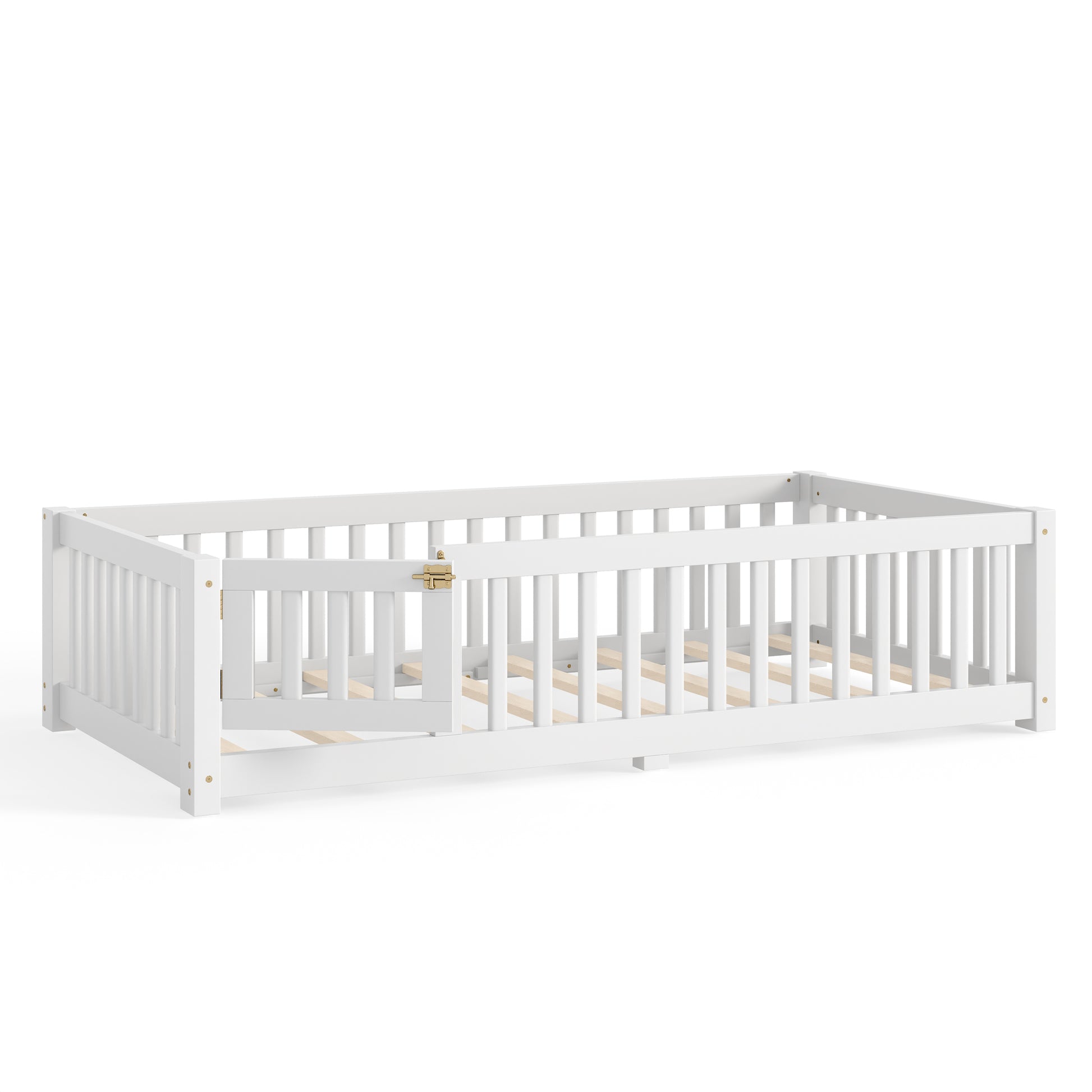 variant-group:rf-w1580p462311|Roomfitters Twin Size Wooden Floor Bed Frame with Safety Guardrails Door, Solid Wood Low Profile Toddler Play Bed, White