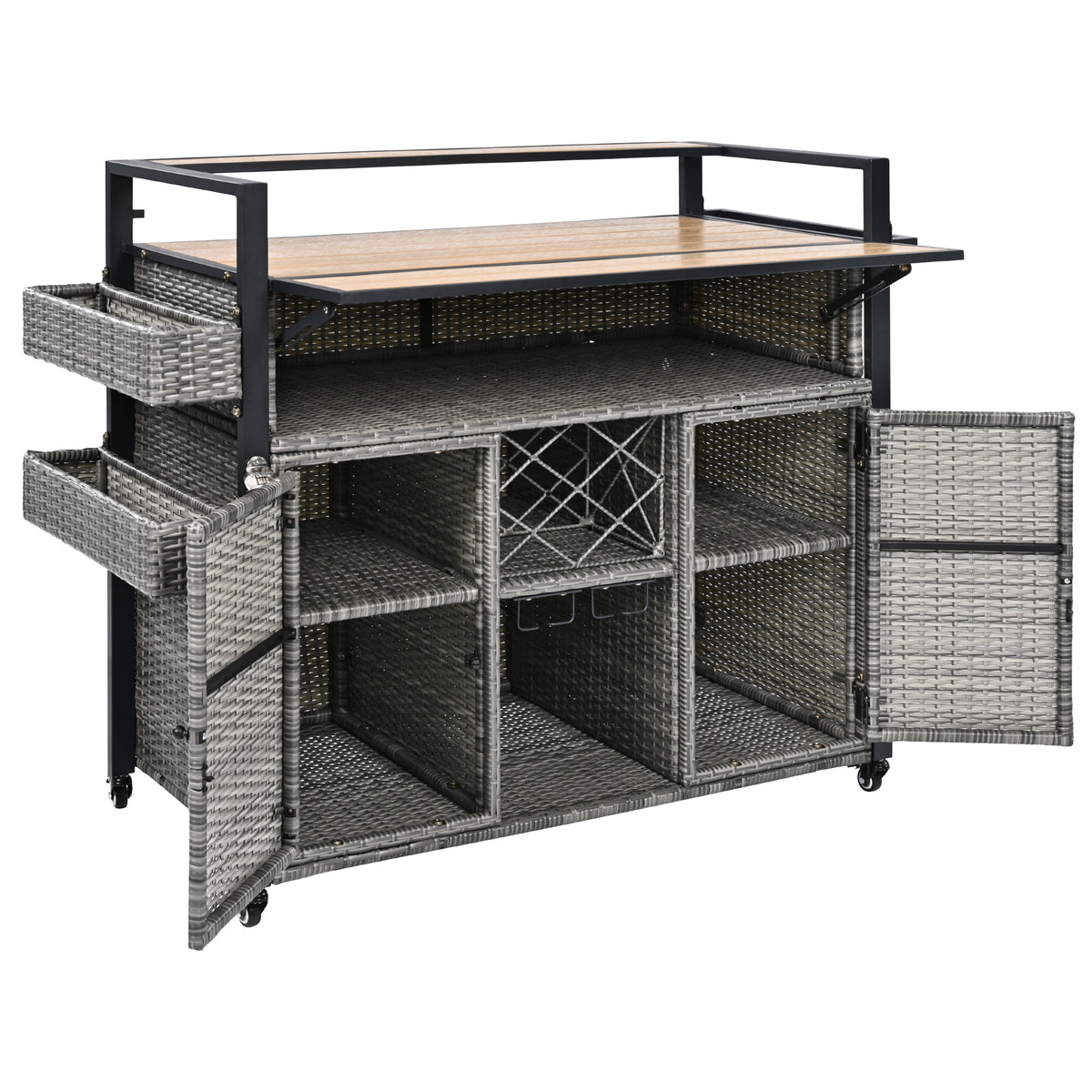 variant-group:rf-n707p233747g|Roomfitters 52.8" Wicker Outdoor Grill Cart with Plastic Wood Table, Rolling Island with Storage Cabinet, Double Handles, Grey