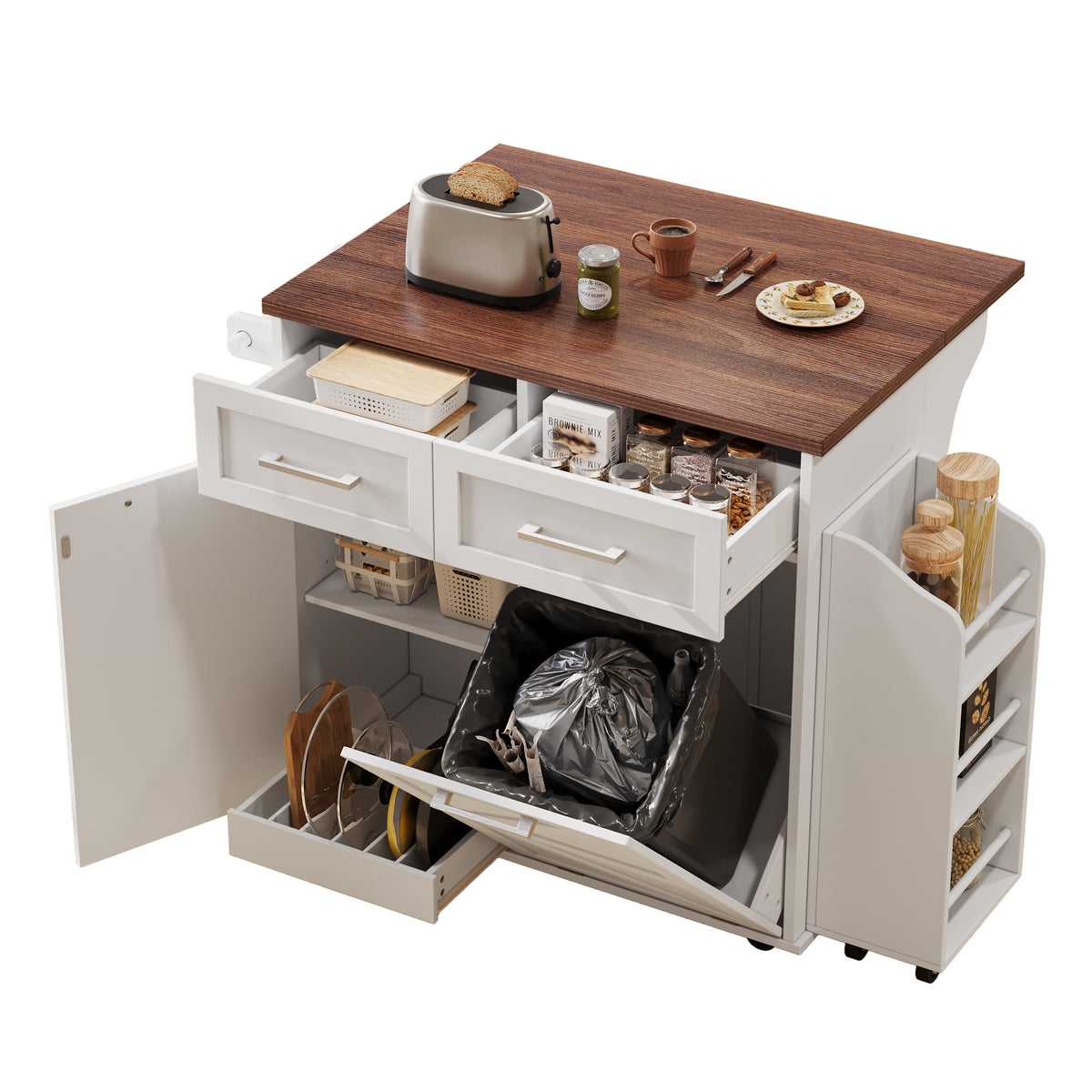 variant-group:rf-n707p307296w|Roomfitters 47.2" Farmhouse Kitchen Island with Drop Leaf, Tilt Trash Can Cabinet, Removable Mobile Side Racks, White