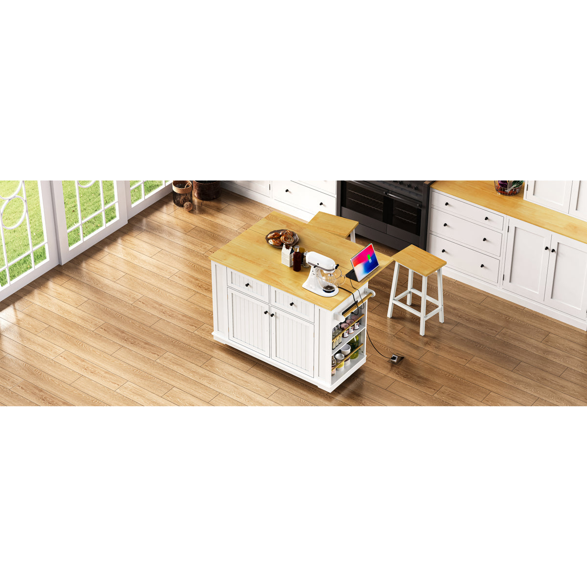 variant-group:rf-n707s257057w|Roomfitters 48" Kitchen Island with Power Outlet and Drop Leaf, Rolling Storage Cabinet with Wood Top and Spice Rack, White