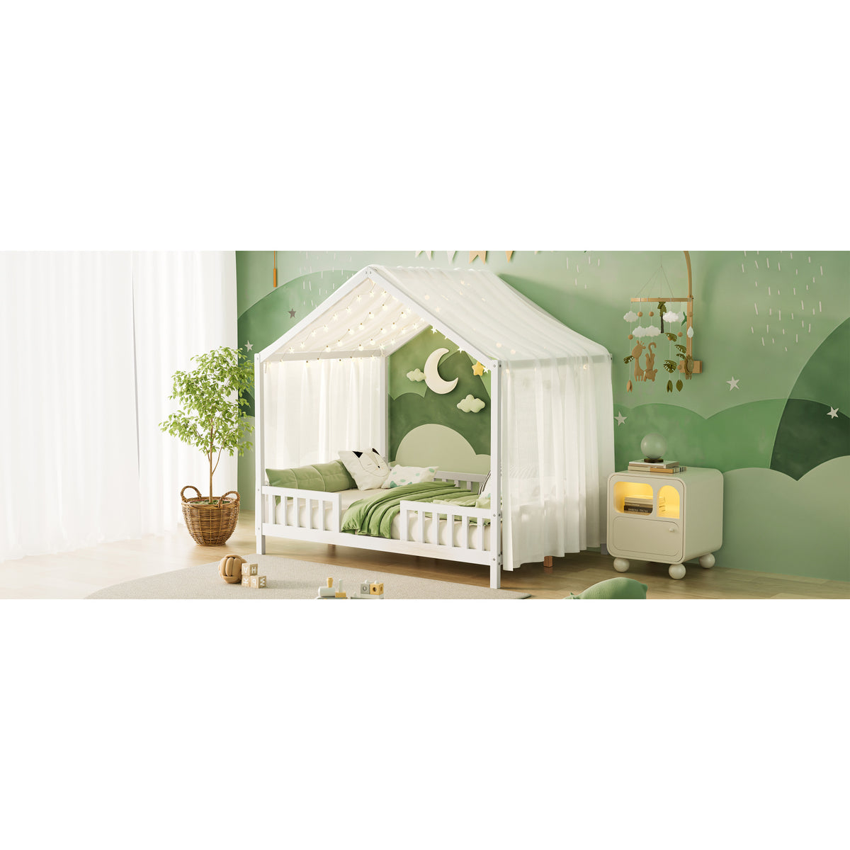variant-group:rf-n733p356048k|Roomfitters Full Montessori Floor Bed with Canopy, House Shape Wood Frame with Safety Rails, Platform Bed, White