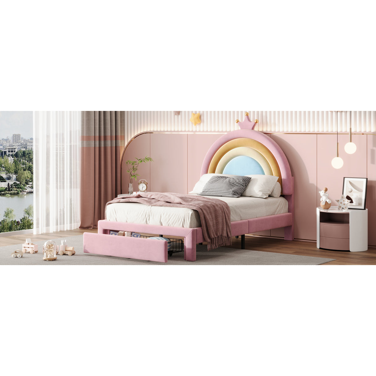 variant-group:rf-n733p234606h|Roomfitters Twin Size Upholstered Rainbow Design Bed, Velvet Princess Platform Bed with Storage Drawer, No Box-spring Needed, Colorful & Pink
