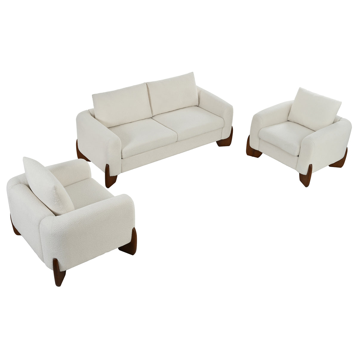 variant-group:rf-n711wy000479aaa|Roomfitters Modern 3-Piece Living Room Sofa Set, Bouclé Fabric Loveseat and 2 Armchairs Pack, Beige Pinewood Lounge