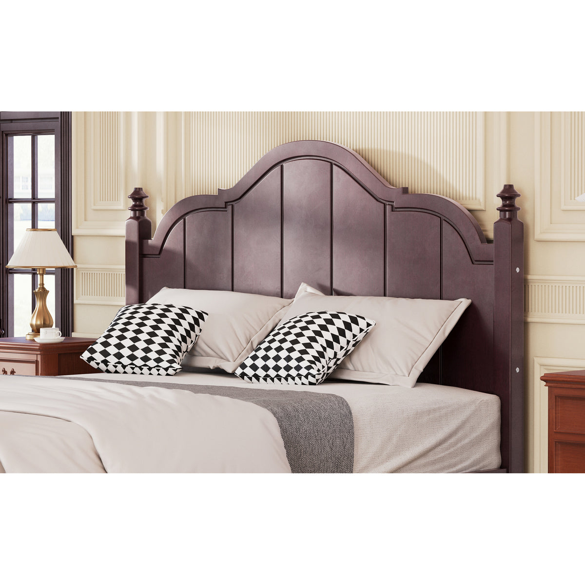 variant-group:rf-n733p360940p|Roomfitters Queen Wood Platform Bed Frame with Curved Headboard, Vintage Style Slat Support, No Box Spring Required, Espresso