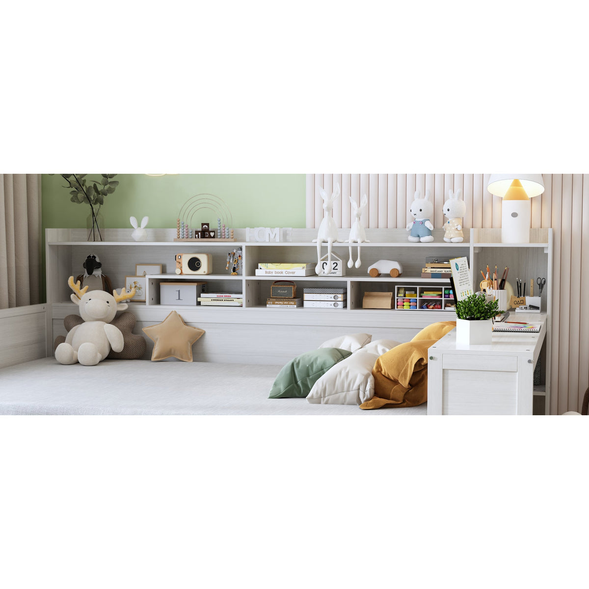 Roomfitters Full Daybed with Storage Shelves, Multi-Functional Bed with Drawers and Study Desk, Antique White