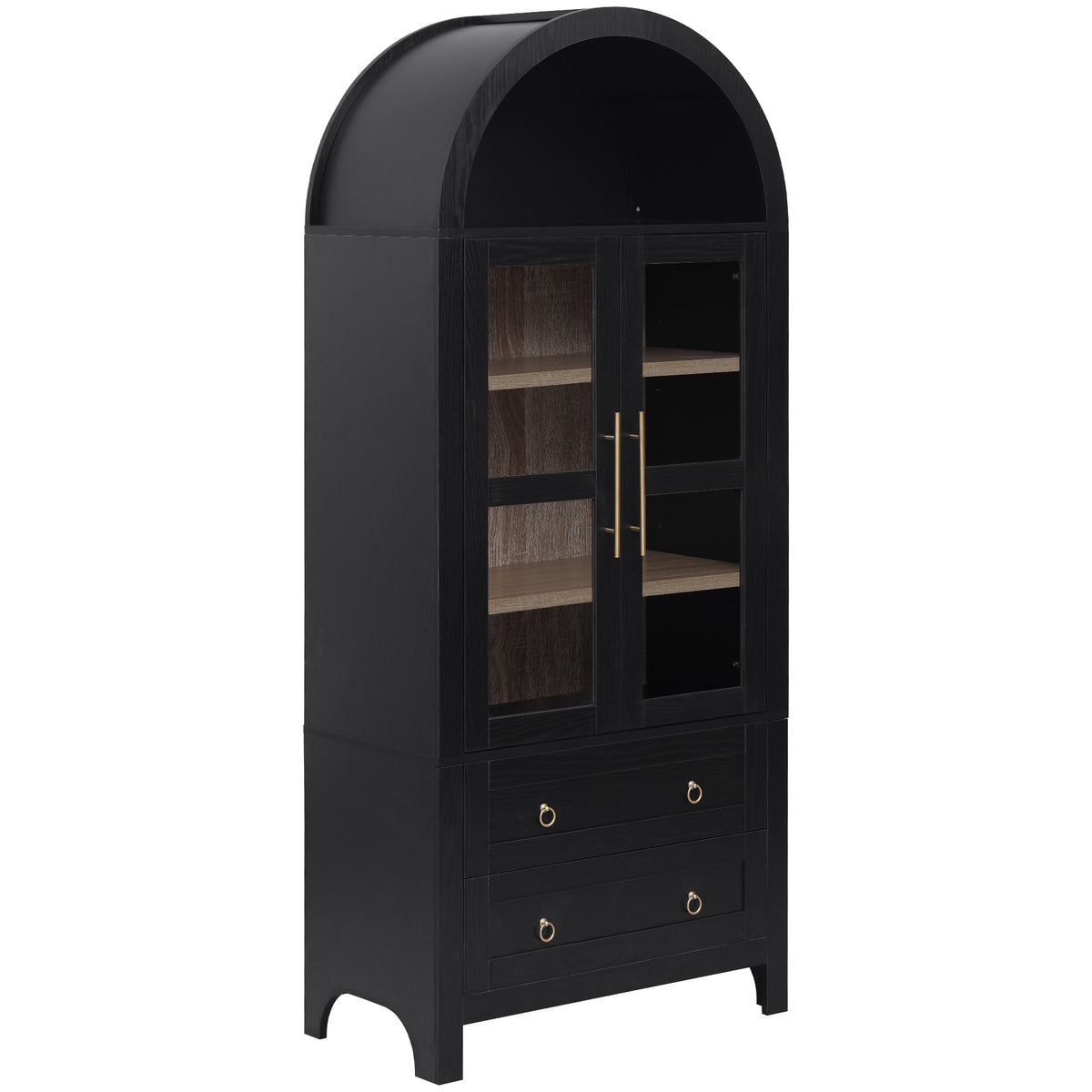 variant-group:rf-n707p288972b|Roomfitters 71" Pantry Cabinet with Arched Top and Glass Doors, 2 Storage Drawers and Adjustable Shelves for Kitchen, Black