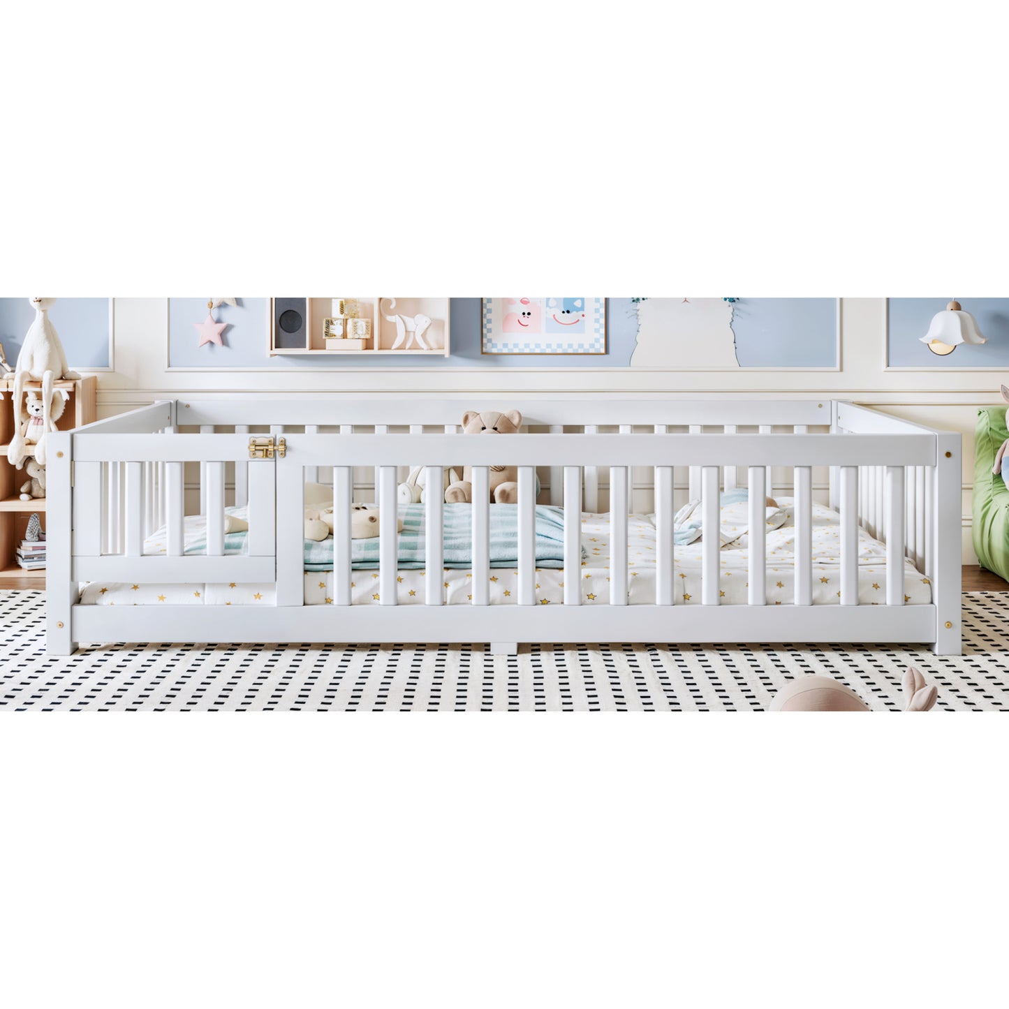 variant-group:rf-w1580p462317|Roomfitters Full Size Wooden Floor Bed Frame with Safety Guardrails Door, Solid Wood Low Profile Toddler Play Bed, White