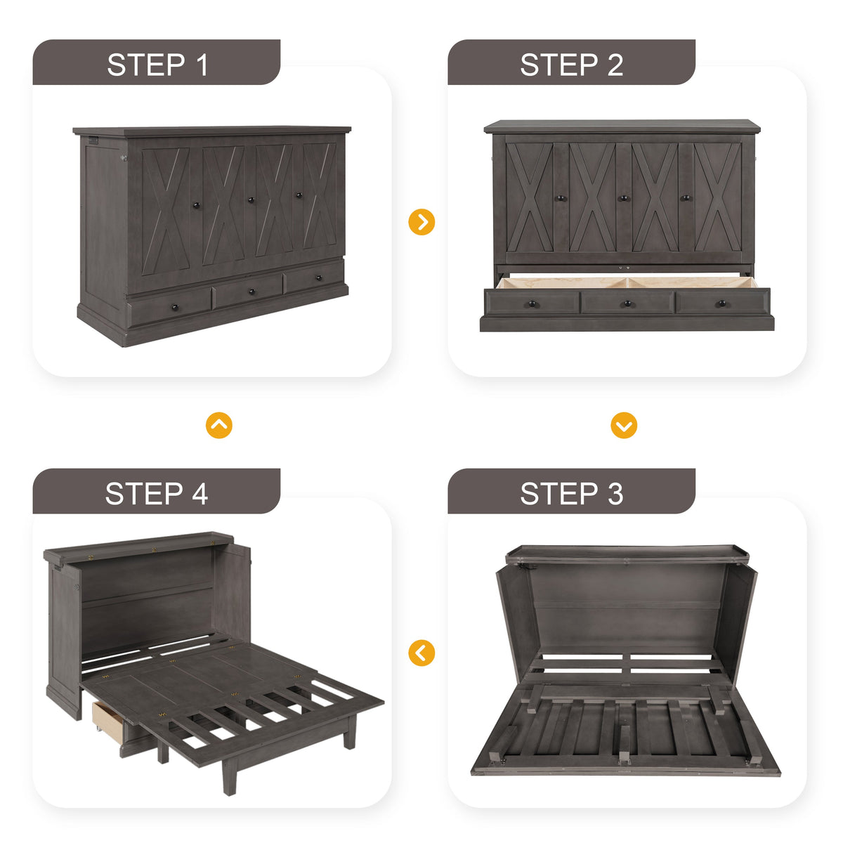 Roomfitters Full Size Solid Wood Murphy Bed Chest Cabinet, Farmhouse Wall Bed Charging Station Storage Drawer, Grey Roomfitters