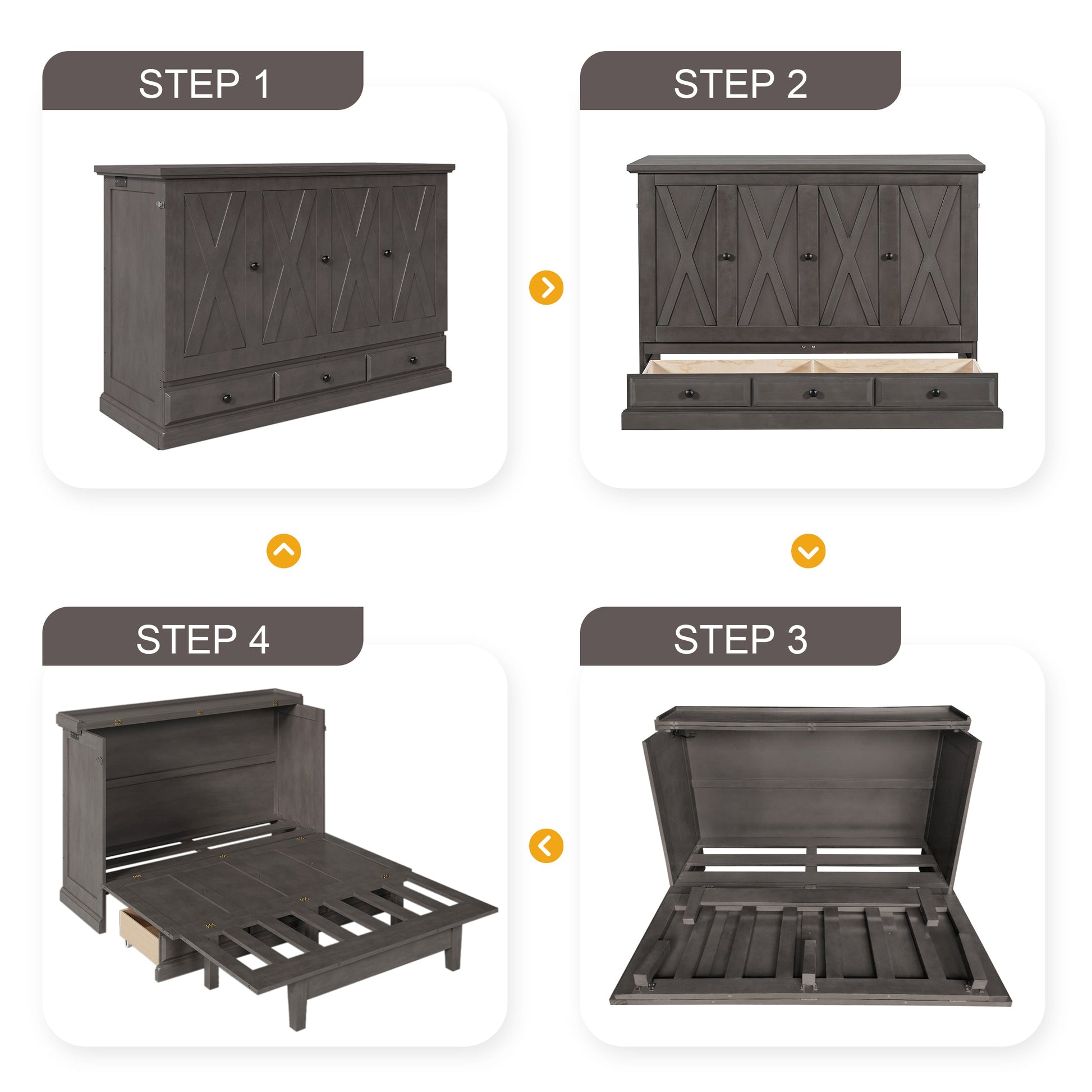 Roomfitters Full Size Solid Wood Murphy Bed Chest Cabinet, Farmhouse Wall Bed Charging Station Storage Drawer, Grey Roomfitters