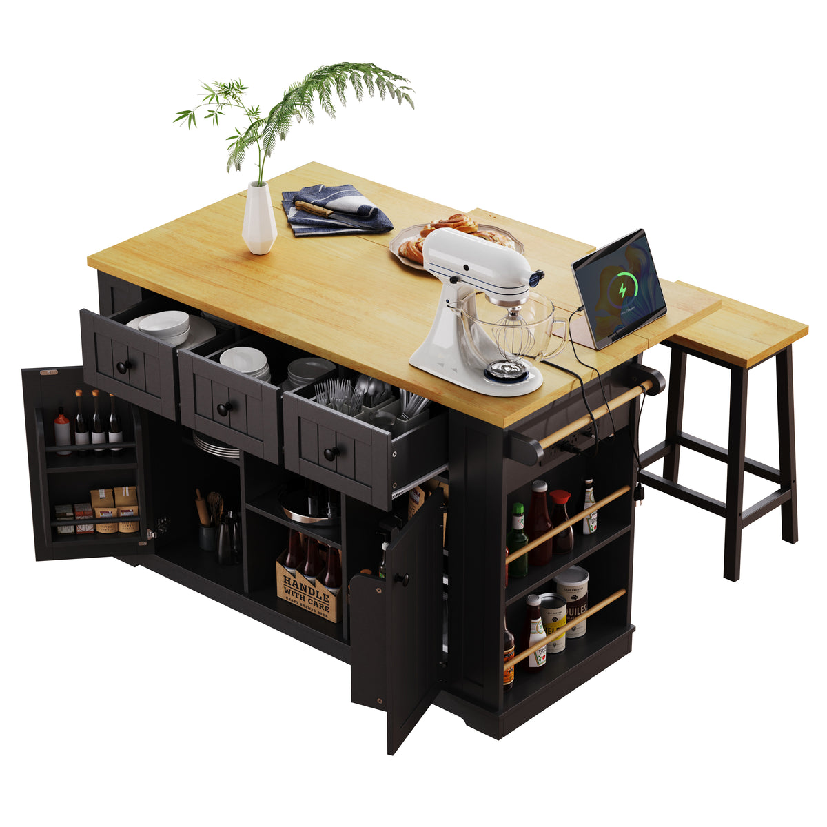 variant-group:rf-n707s003007b|Roomfitters 53" Kitchen Island with 2 Bar Stools, Drop Leaf, Power Outlet, Rolling Kitchen Cart Set with Storage, Black