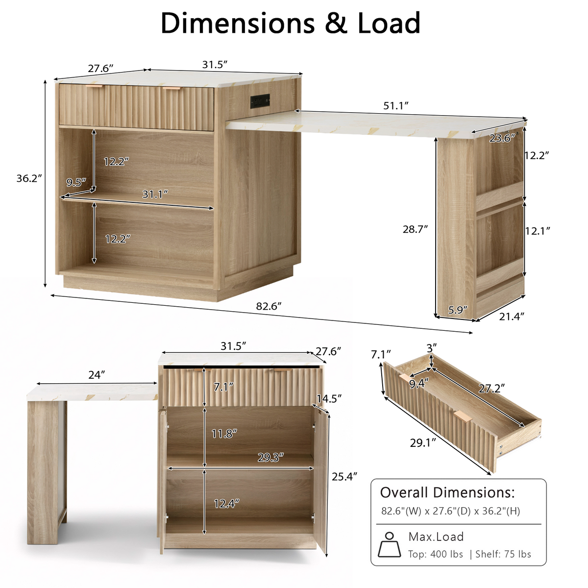 variant-group:rf-n707s000018y|Roomfitters 82.6" Fluted Kitchen Island with 51" Extendable Dining Table for 4-6, Power Outlet, Natural