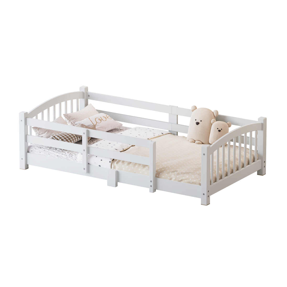 variant-group:rf-n733p400298k|Roomfitters Twin Montessori Floor Bed with Guardrails, Solid Wood Low Platform Bed with Slats, Easy Assembly, White