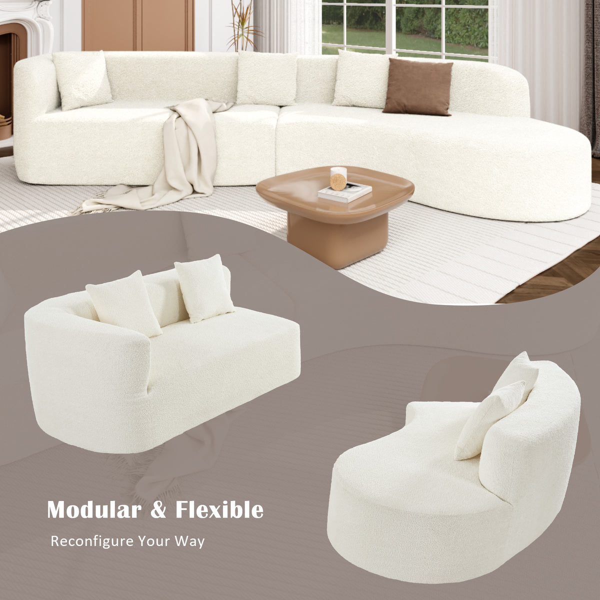 variant-group:rf-n711wy000456aaa|Roomfitters 132" Sectional Sofa, Modern Curved Design L-Shaped Modular Couch for Living Room Furniture, Beige