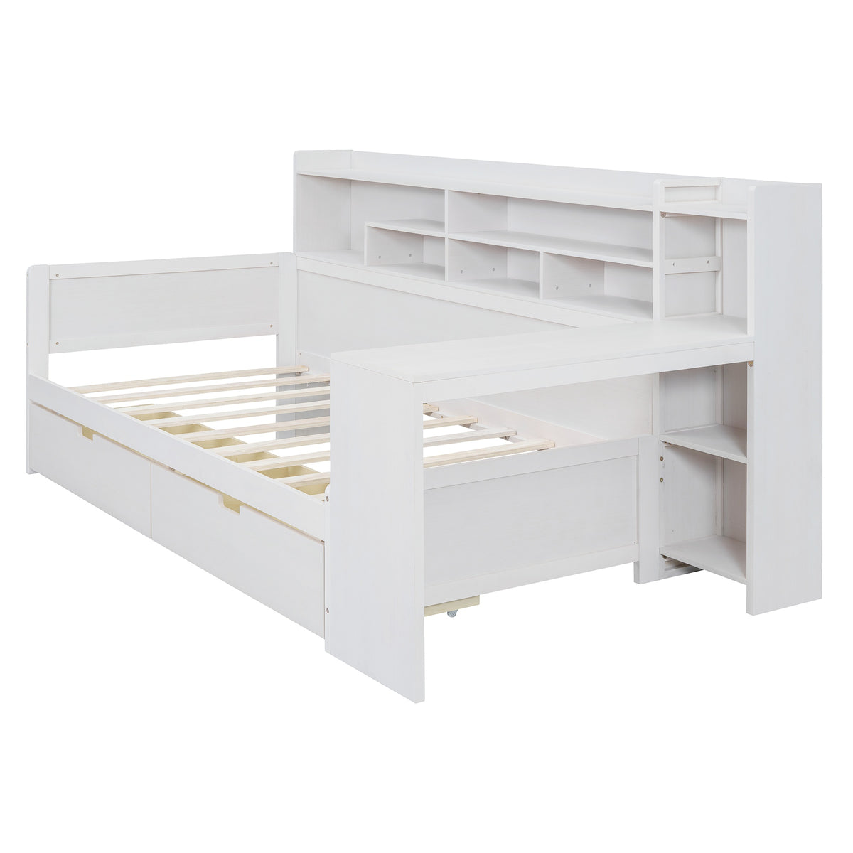 variant-group:rf-n733s241484k|Roomfitters Wooden Twin Size Daybed with Storage Shelves, Multi-functional Bed with Two Storage Compartments and Study Desk, Antique White