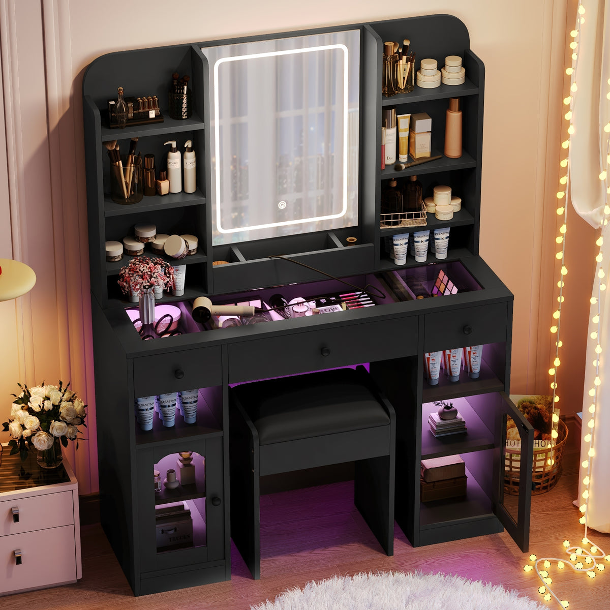 variant-group:rf-n704p407114b|Roomfitters 43.2" Makeup Vanity Desk with LED Lighted Mirror, Glass Door Cabinets, Charging Station and Stool, Black