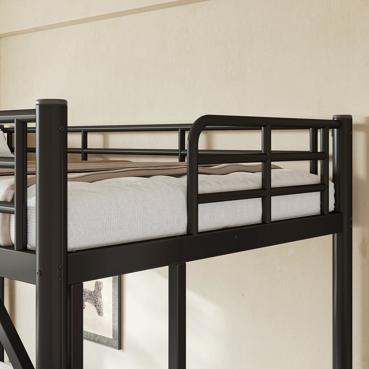 variant-group:rf-w1580p455013|Roomfitters Twin XL Size Metal Loft Bed Frame with Guardrails, Heavy Duty Space Saving High Loft Bed Dual Ladders, Black
