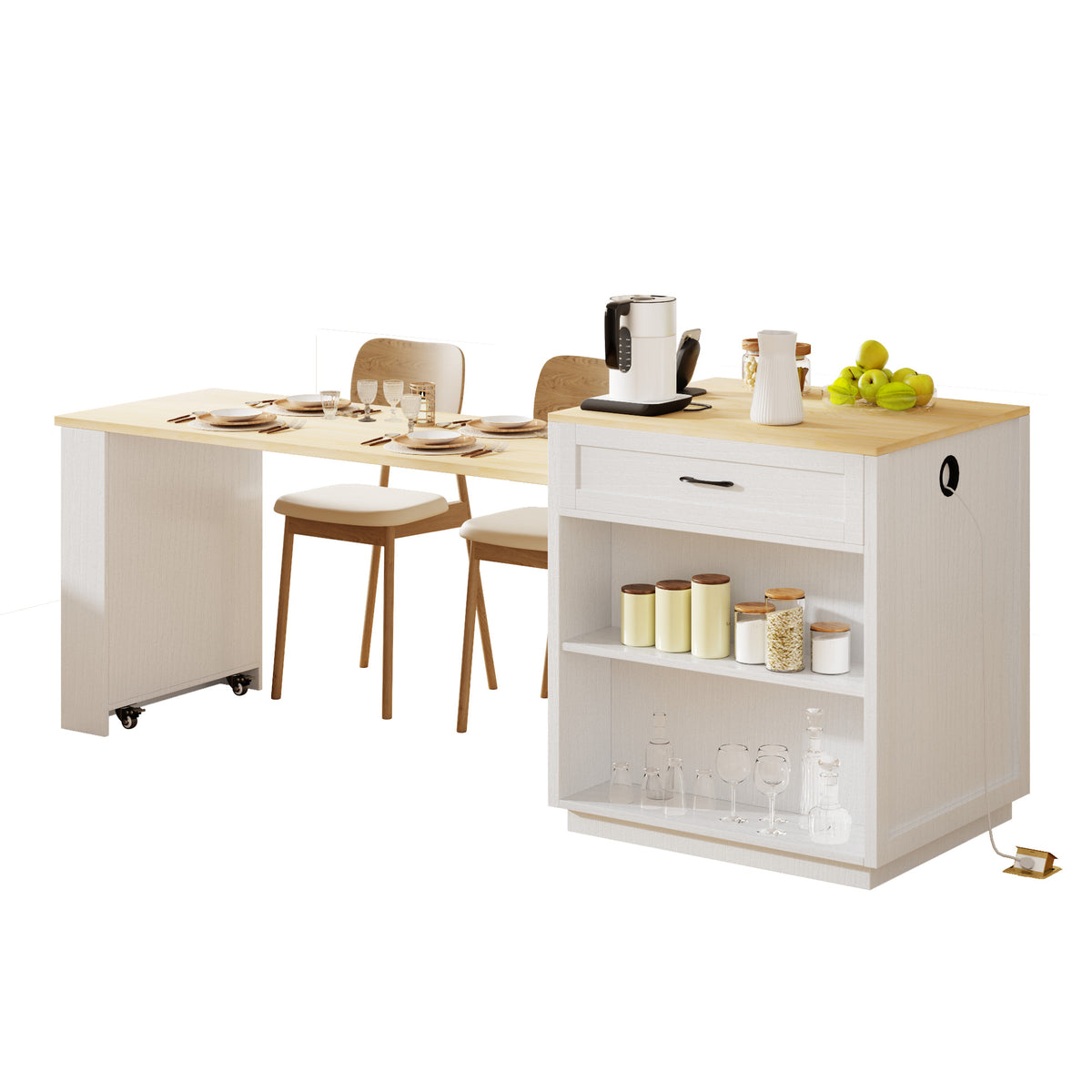 variant-group:rf-n707s000010w|Roomfitters 82.7" Kitchen Island with Extendable Table, Two-Tone Design, Double Storage, Power Outlet, White