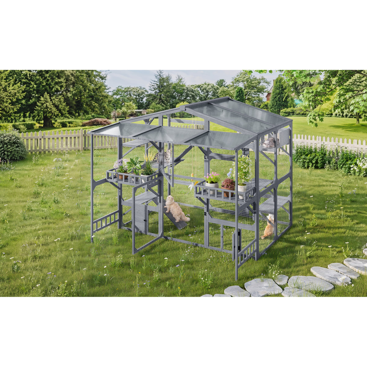 variant-group:rf-n704g201620e|Roomfitters Extra Large Wood Catio Cat Cage Outdoor Kennel with Transparent Sunroof and Dual Storage Shelves Gray