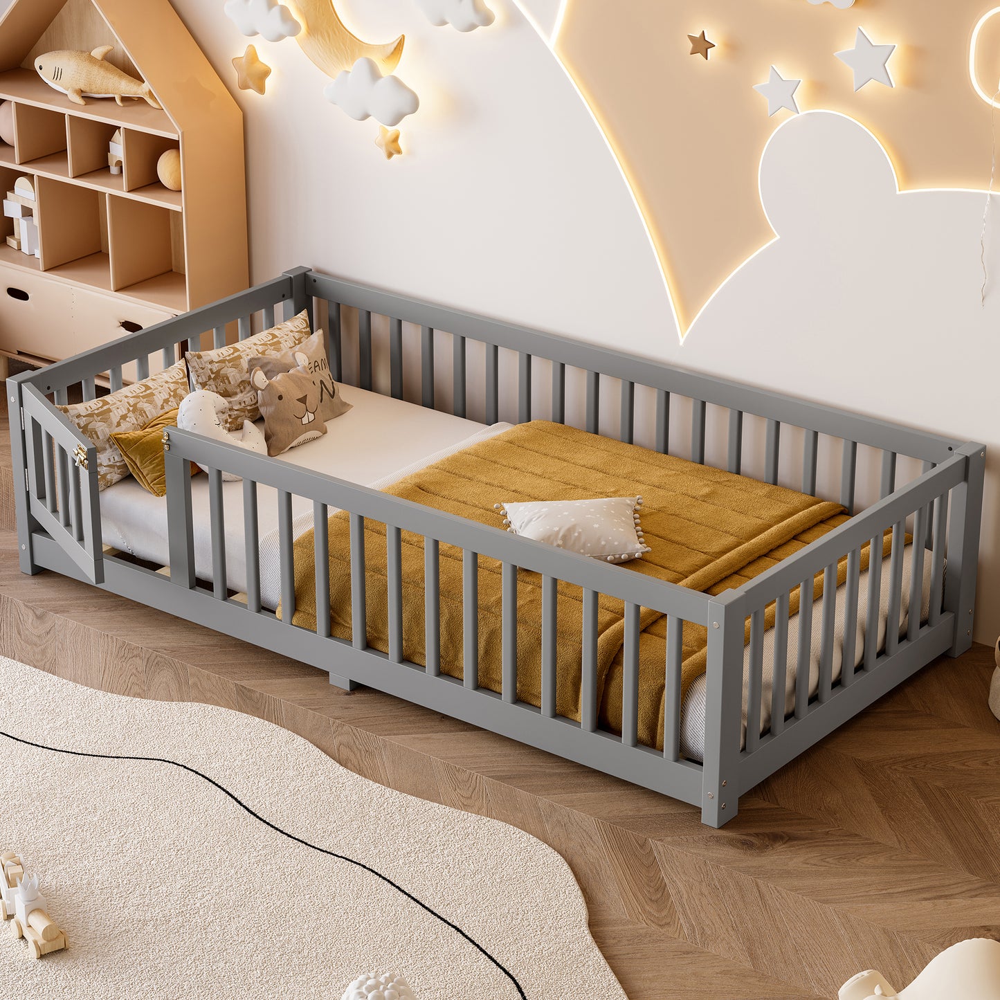 variant-group:rf-w1580p338948|Roomfitters Wooden Twin Floor Bed Frame with Door & Safety Guardrails, Low Platform Design for Bedroom or Playroom, Gray