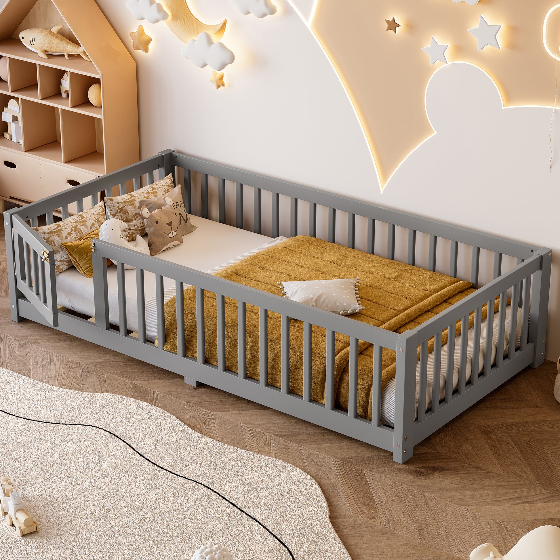 variant-group:rf-w1580p338948|Roomfitters Wooden Twin Floor Bed Frame with Door & Safety Guardrails, Low Platform Design for Bedroom or Playroom, Gray