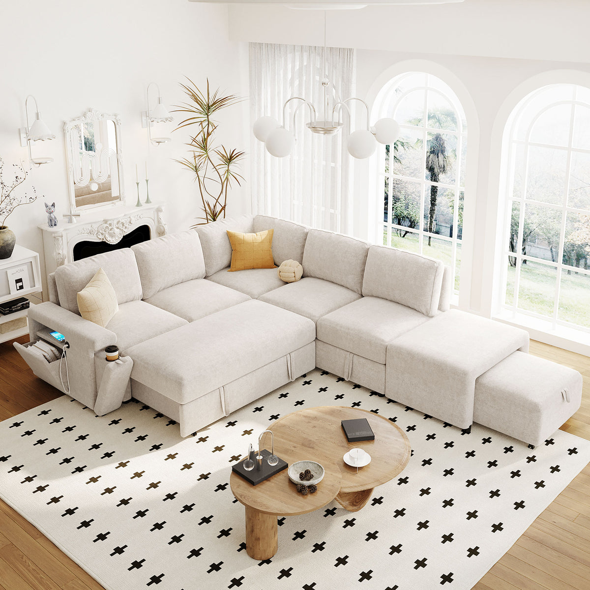 variant-group:rf-n711wy000390aaa|Roomfitters L-Shaped Padded Modular Sofa with Storage Space, USB Ports, and Cup Holders on the Armrests, Suitable for Living Rooms, Offices, and Apartments, Beige