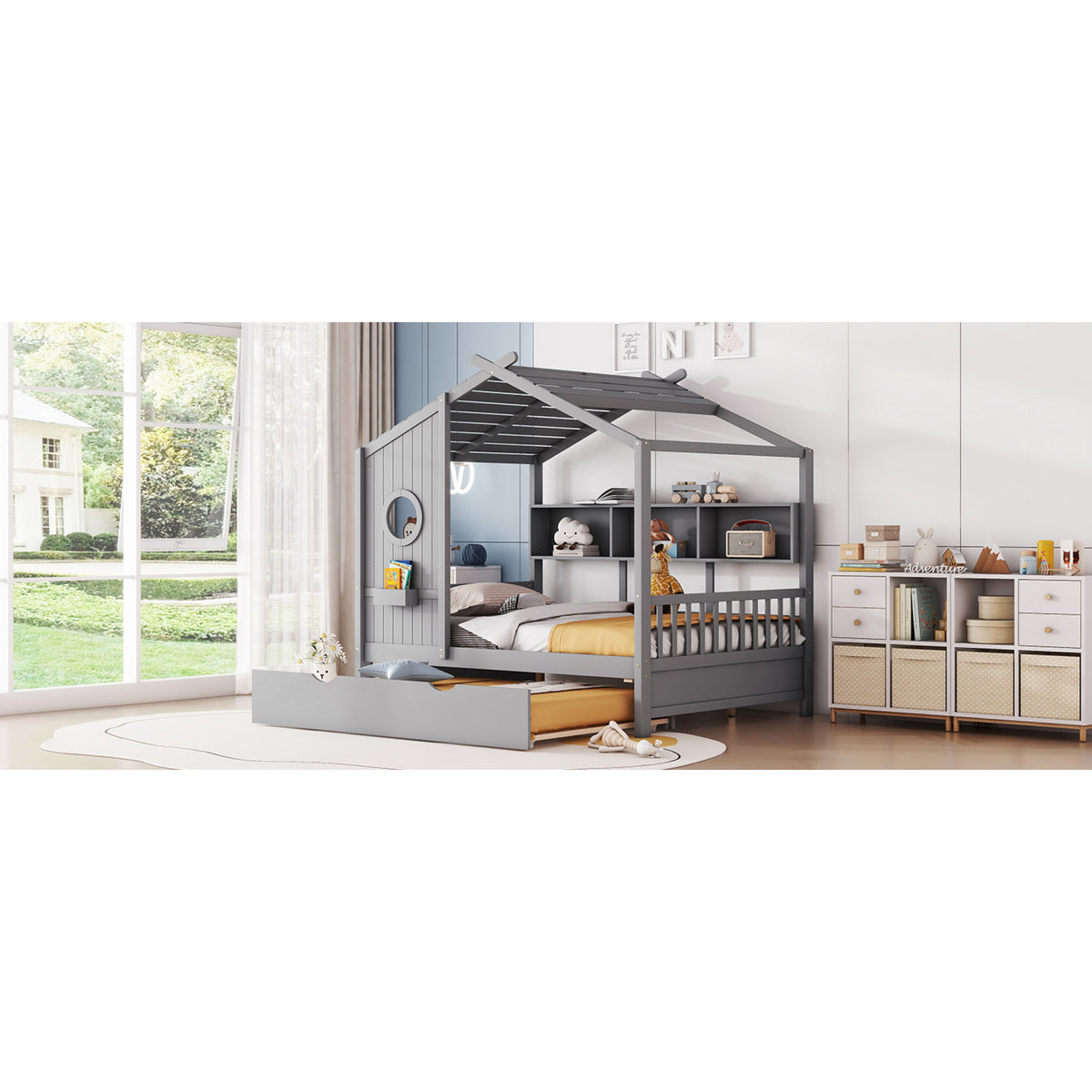 variant-group:rf-n733s316125e|Roomfitters Wooden Full Size House Bed with Trundle and Storage Shelf, Gray
