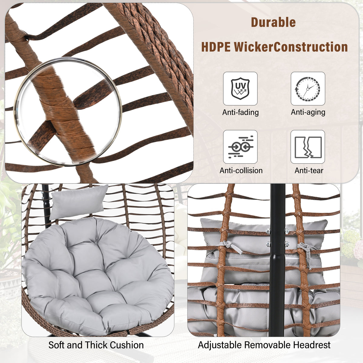 variant-group:rf-n711p389502g|Roomfitters Indoor Outdoor Hanging Egg Hammock Chair with Stand, Wicker Rattan Swing for Patio and Bedroom, Brown+Gray