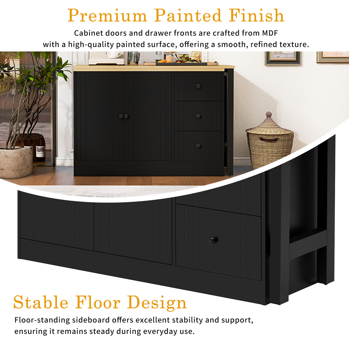 variant-group:rf-n711p334768o|Roomfitters Extendable Sideboard Buffet Cabinet with Storage, Multifunctional Console Table for Dining Room, Black+Natural