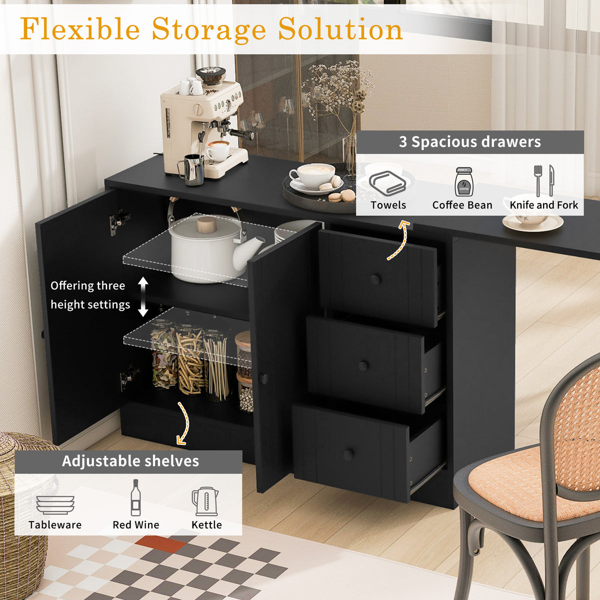 variant-group:rf-n711p334768b|Roomfitters Extendable Sideboard Buffet Cabinet with Storage, Multifunctional Console Table for Dining Room, Black