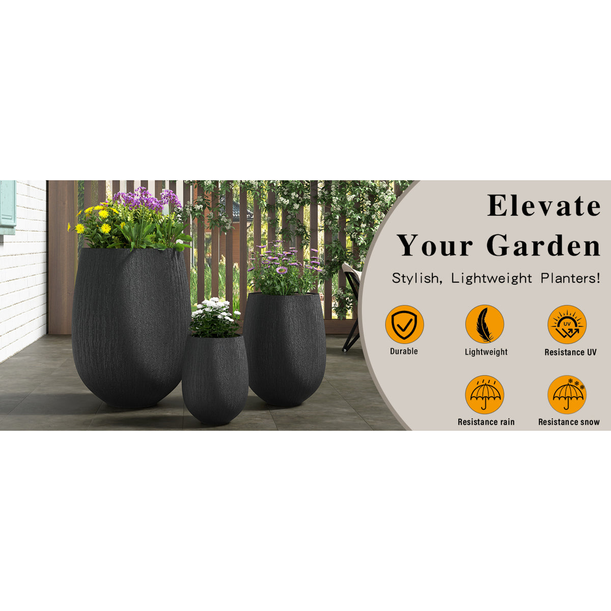 variant-group:rf-n711p406659b|Roomfitters Modern Egg-Shaped MGO Planter Set, 3-Piece Textured Faux Stone Flower Pots, Black Patio Garden Urns