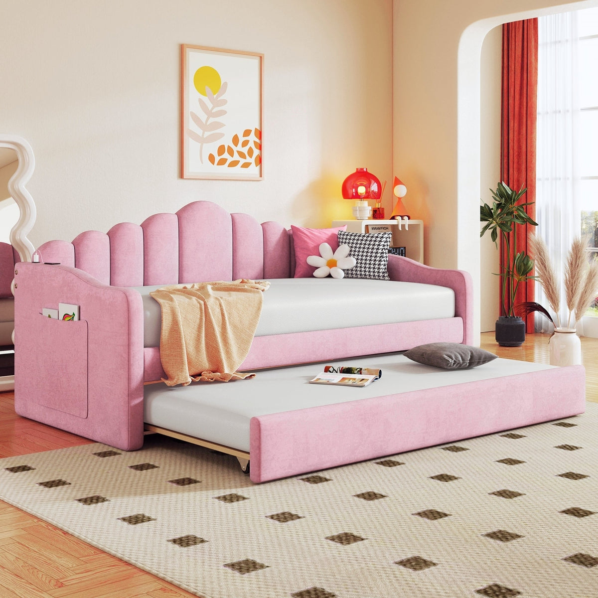 Roomfitters Twin Upholstered Daybed with Trundle, Velvet Sofa Bed with USB Charging Ports, No Box Spring, Pink