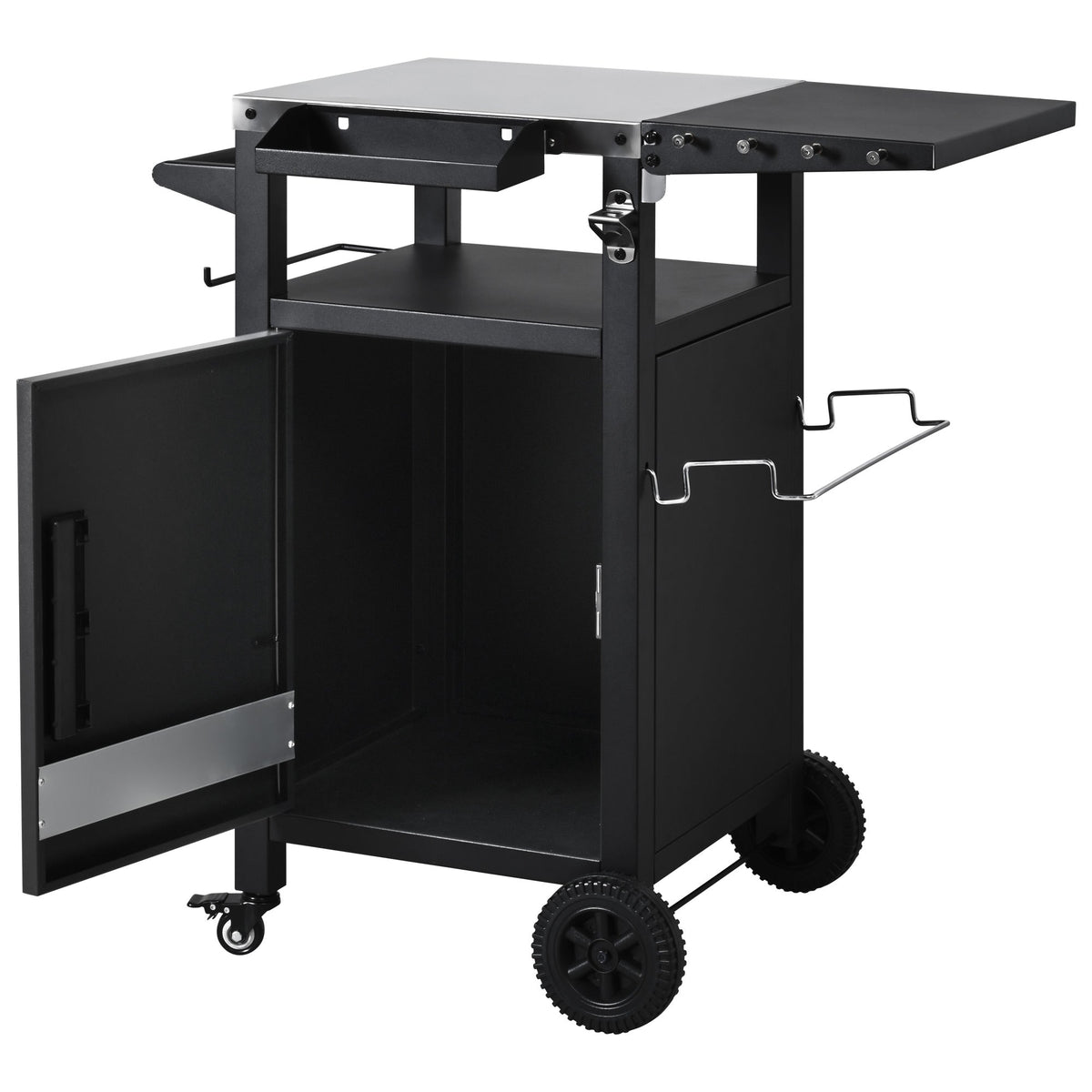 Roomfitters 33.9" Grill Cart with Stainless Steel Top, BBQ Prep Station with Spice Rack and Hamper Bag, Rolling Cart, Black