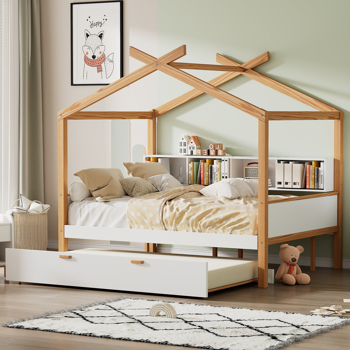 Roomfitters Full Size Wooden House Bed with Trundle and Bookshelf Storage, Solid Wood Frame for Guest Room, White Roomfitters