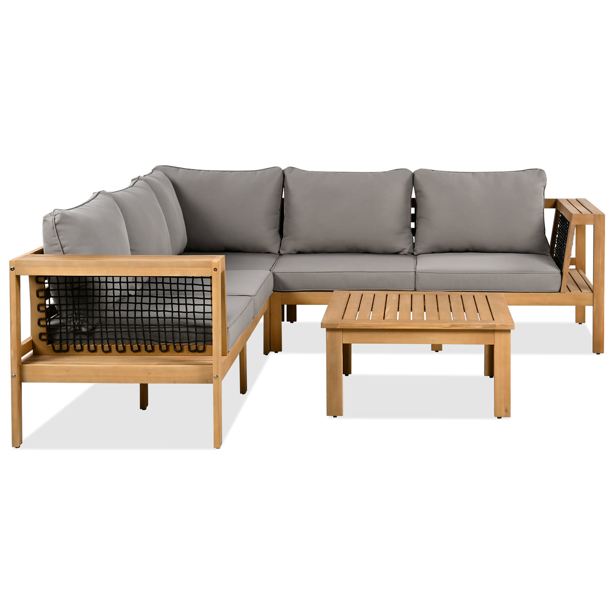 variant-group:rf-n704f201249e|Roomfitters 4-Piece Outdoor Sectional Sofa Set with Coffee Table and Built-in Side Shelves, Wood Frame, Gray+Natural